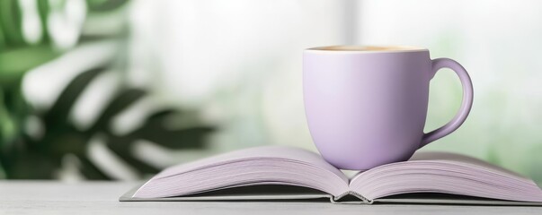 Aufkleber - Pastel coffee idea. A cozy scene featuring a pastel mug resting on an open book with greenery in the background.