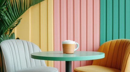 Poster - Pastel coffee idea. A stylish cafe scene featuring colorful chairs and a coffee cup on a table.