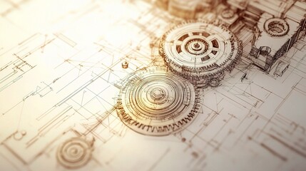 Poster - Detailed Mechanical Engineering Drawing Background with Gears and Plans