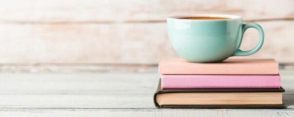 Aufkleber - Pastel coffee idea. A cozy scene featuring a cup of coffee atop colorful stacked books on a wooden table.