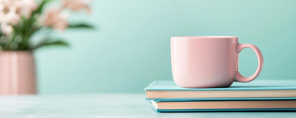 Poster - Pastel coffee idea. A pastel pink mug resting on colorful books with a floral background.