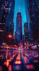 Poster - Dazzling Cityscape at Night with Skyscraper like Financial Data Visualization