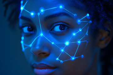 Poster -  woman's face is lit up with blue lights, creating a futuristic and otherworldly appearance. The blue lights seem to be connected in a web-like pattern, giving the impression of a complex