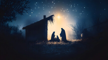 Wall Mural - the nativity. silhouette of the holy family in the stable during the starry night. digital illustrat