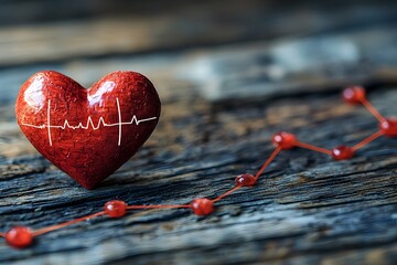 Poster - Red Heart Shaped Graphic with Pulsing Heartbeat Line on Wooden Texture Background Healthcare and Data Visualization Concept
