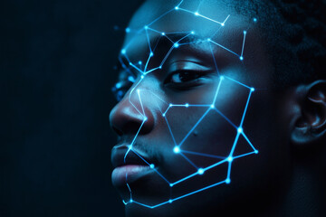 Aufkleber -  man's face is shown in a blue light with a pattern of lines and dots. The image conveys a futuristic and technological vibe, with the lines
