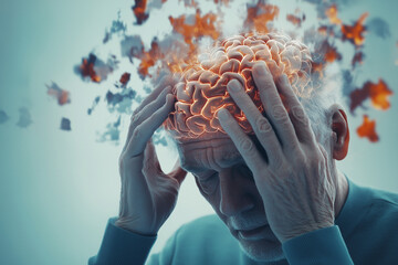 Poster - man is holding his head in his hands, with his face looking down. concept of stress and worry