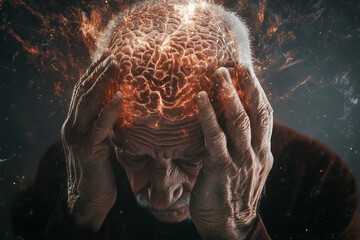 Aufkleber -  man with a brain on his head is shown in a black and orange background. Concept of confusion and disorientation, as if the man is struggling to make sense of his surroundings