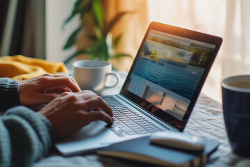 Aufkleber -  person is typing on a laptop computer while holding a cup of coffee. The laptop screen displays a picture of a body of water. Concept of relaxation and productivity