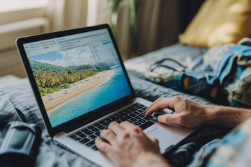 Poster - laptop is open to a picture of a beach. A person is typing on the keyboard. The laptop is on a bed