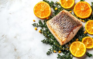 Wall Mural - Pan-seared salmon fillet with orange slices and thyme sprigs on a light background.