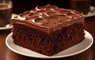 Delicious chocolate cake topped with chocolate. Dessert.