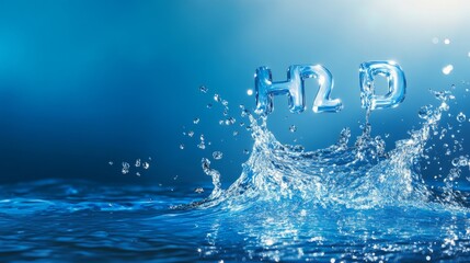 Aufkleber - Abstract image of hydrogen H molecules floating in a splash of water on a blue background, symbolizing the future of hydrogen-based clean energy.