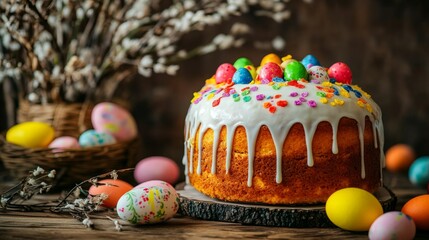 Poster - A beautifully decorated Kulich cake with vibrant glaze and toppings, set next to willow branches and an assortment of Easter treats.