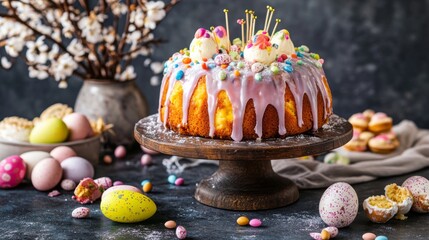 Poster - A beautifully decorated Kulich cake with vibrant glaze and toppings, set next to willow branches and an assortment of Easter treats.