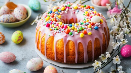 Poster - A beautifully decorated Kulich cake with vibrant glaze and toppings, set next to willow branches and an assortment of Easter treats.