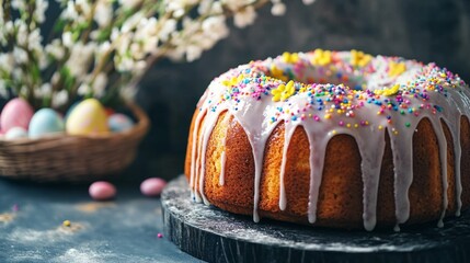 Poster - A beautifully decorated Kulich cake with vibrant icing and sprinkles, placed next to fresh willow branches and a basket of Easter eggs.