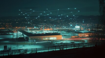 Poster - Illuminated Industrial Complex at Night with Strategic Lighting