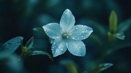 Aufkleber - A close-up of a pale bluebell flower with water droplets on its delicate petals, surrounded by fresh greenery.