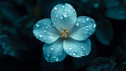 Aufkleber - A close-up of a pale bluebell flower with water droplets on its delicate petals, surrounded by fresh greenery.
