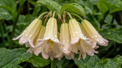 Aufkleber - A close-up of a pale bluebell flower with water droplets on its delicate petals, surrounded by fresh greenery.
