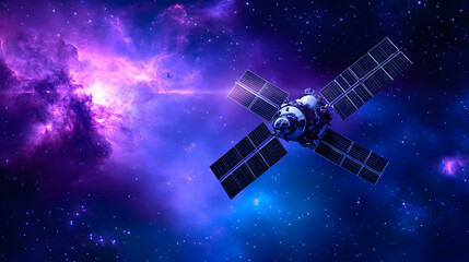 Aufkleber - A satellite orbits a vibrant nebula in the vastness of space, showcasing cosmic beauty