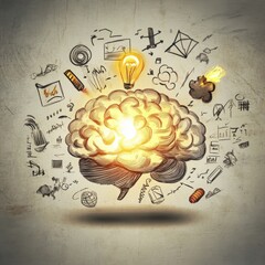 Poster - A creative concept of a human brain illuminated with light, surrounded by floating symbols of new ideas, innovation, and inspiration.