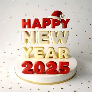 3D Render Happy New Year 2025 Greeting Card with Festive Christmas Elements