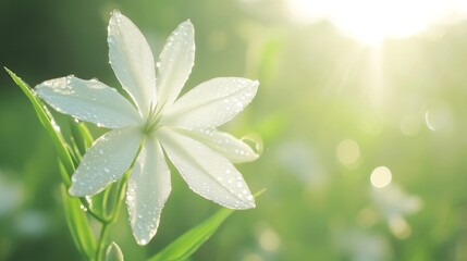 Poster - A soft-focus image of a white orchid with water droplets on its elegant petals, set against a blurred green backdrop.