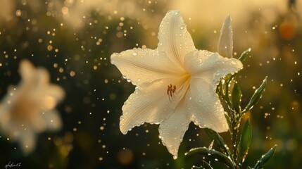 Poster - A soft-focus image of a white orchid with water droplets on its elegant petals, set against a blurred green backdrop.