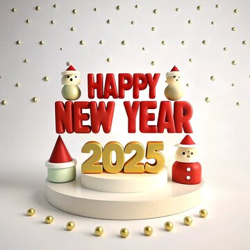 3D Render Illustration for Happy New Year 2025 Greeting Card with Christmas Elements