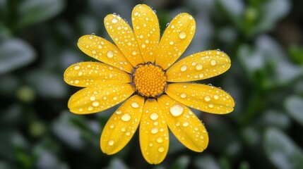 Poster - A vibrant yellow daisy with glistening water droplets on its petals, set against a soft-focus natural background.