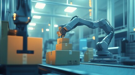 Poster - automated robot arm packaging line in factory environment