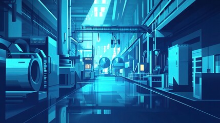 Poster - modern factory environment with dynamic manufacturing line illustration