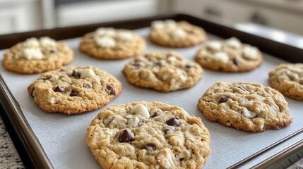 Poster - Close-up of assorted cookies, including chocolate chip, oatmeal, and sugar cookies, arranged on a baking tray, ready to be enjoyed.