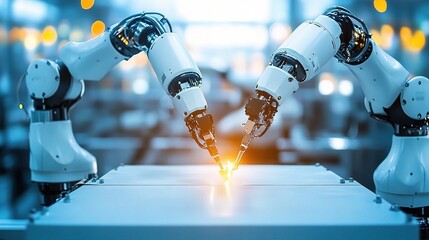 Poster - robotic arms assembling products on industrial factory floor