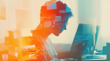 Poster - Man Working from Home with Double Exposure of Online Activities