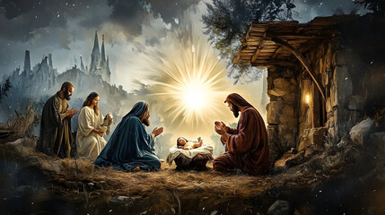 Wall Mural - life of jesus. birth of jesus. digital painting of the nativity.