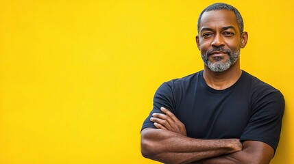 Wall Mural - Cheerful Man with Folded Arms Against a Vibrant Yellow Background