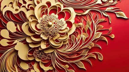 Fototapete - Elegant paper-cutting abstract New Year art with intricate golden patterns set against a bold red background.