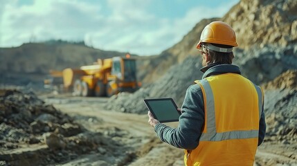 Poster - Construction Worker Monitoring Site with Tablet for Project Management