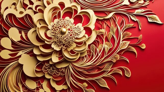 Elegant paper-cutting abstract New Year art with intricate golden patterns set against a bold red background.