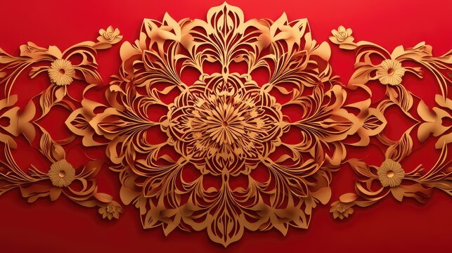Elegant paper-cutting abstract New Year art with intricate golden patterns set against a bold red background.