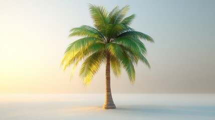 Wall Mural - Single palm tree on a hazy beach at sunrise.