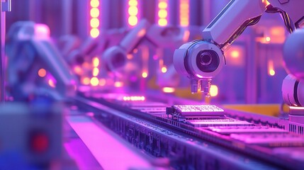 Poster - high-tech robots in factory production line assembling products