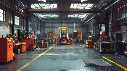 Sticker - Large Industrial Repair Hall with Organized Workstations and Equipment