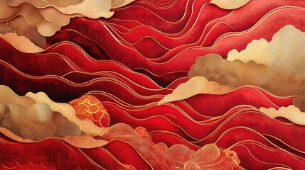 Sticker - Elegant red and gold waves with radiant highlights, creating an abstract Chinese New Year-inspired scene.