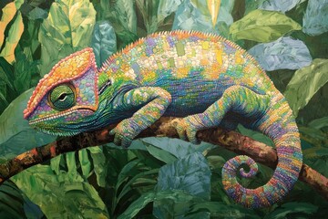 Vibrant chameleon perched on a branch amidst lush green foliage, showcasing its colorful scales.