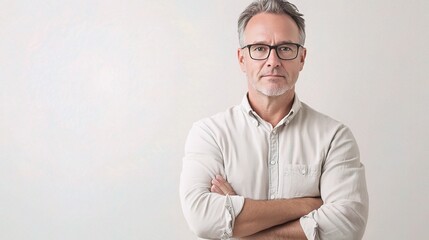 Wall Mural - Confident Middle-Aged Man in Casual Outfit Against Neutral Background