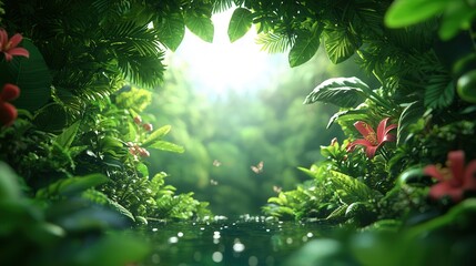 Poster - A serene forest scene framed by lush greenery and vibrant flowers, leading to a bright, ethereal light in the distance.